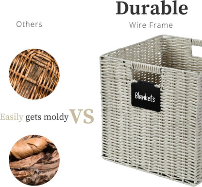 DECOMOMO Wicker Baskets Storage Organization Waterproof Plastic Storage Cubes for Toys, Books, Clothes (Set of 4 - Pastel Green)