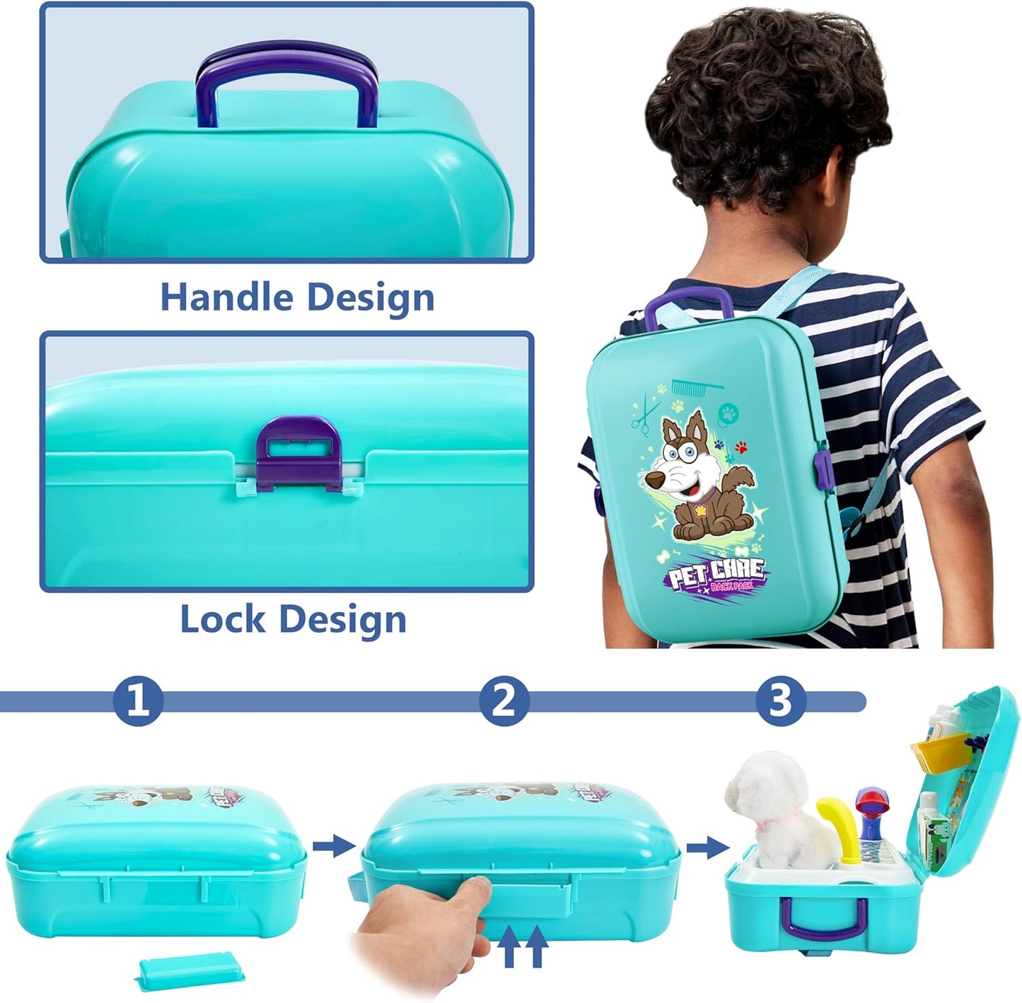 HERSITY Vet Toy Pet Care Kit Role Play Set Grooming Feeding Dog Animal Games Backpack Educational Toy for Kids 3 4 5 Years Old Girls Boys