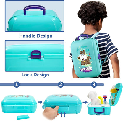 HERSITY Vet Toy Pet Care Kit Role Play Set Grooming Feeding Dog Animal Games Backpack Educational Toy for Kids 3 4 5 Years Old Girls Boys