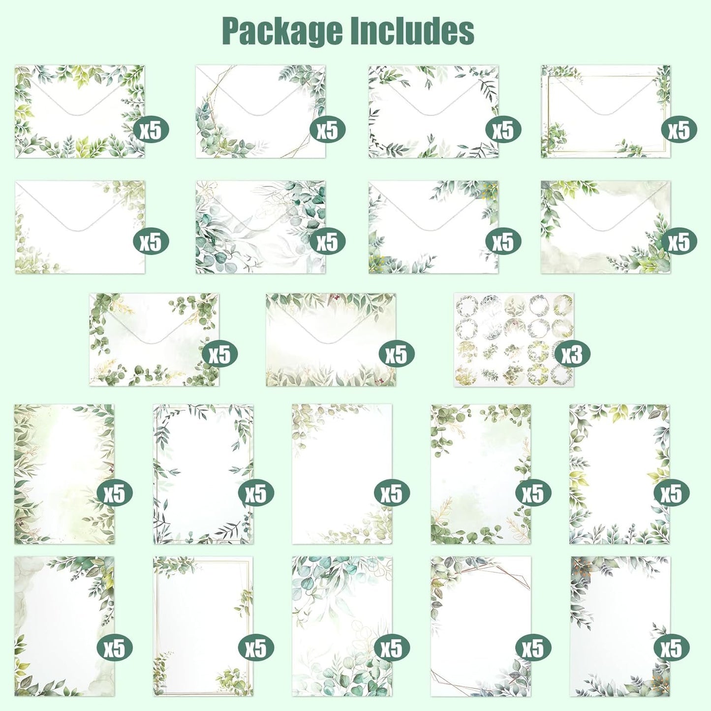 RAORAOYUE 160 Pcs Eucalyptus Stationery Paper Set, 50 Stationary Paper 50 Envelopes 60 Round Dot Sticker