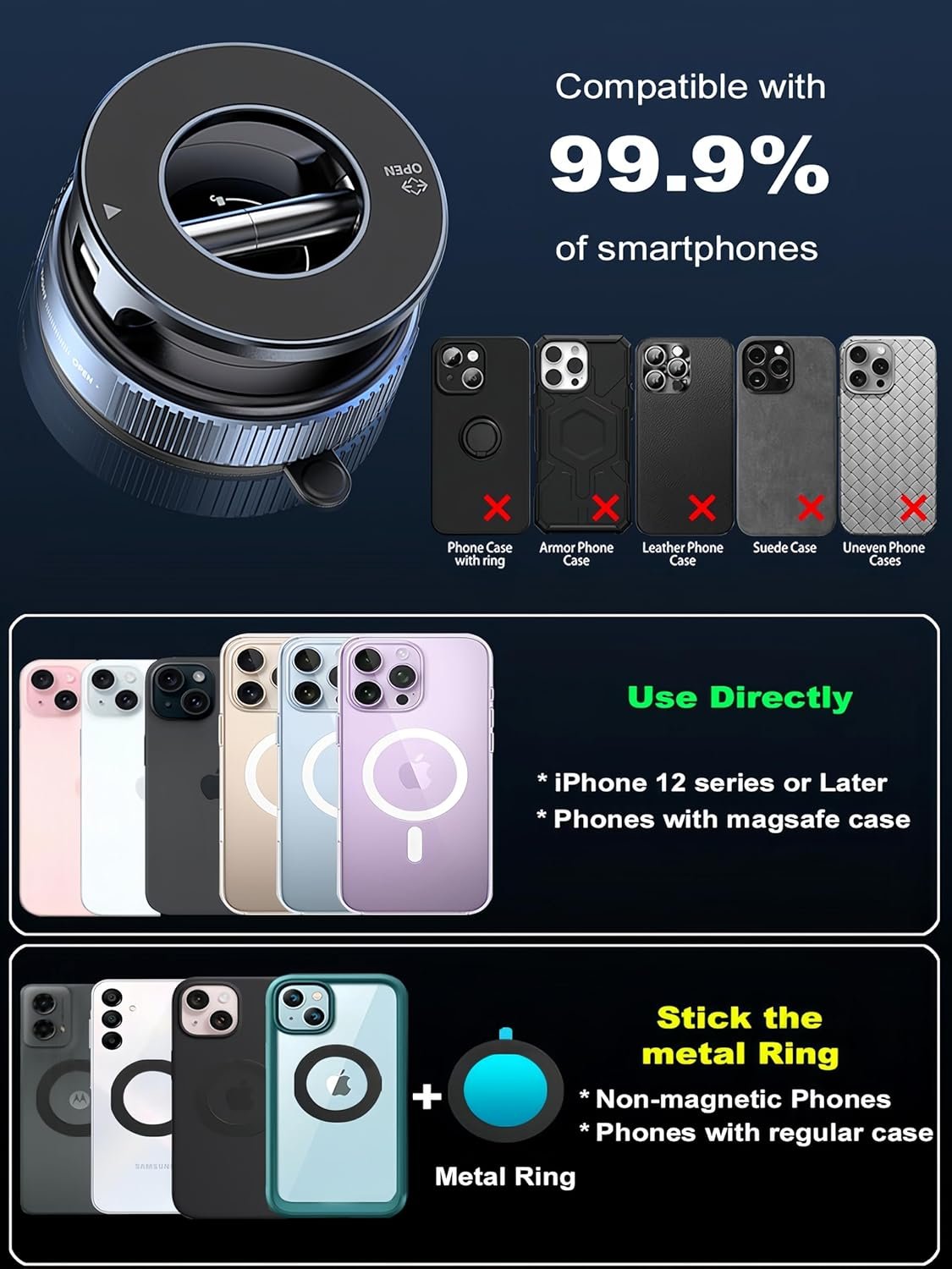 snanlen Upgraded 360° Nano Gel Vacuum Magnetic Phone Holder, Car Phone Holder for Magsafe[108+LBS Strongest Suction & 3000gf Strongest Magnetic], Suction Cup Phone Mount for Car/for iPhone 16 Pro Max
