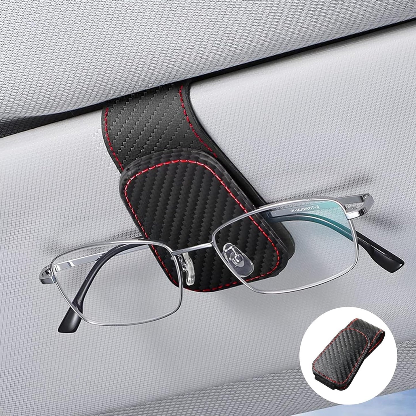 KAQISI Sunglasses Holders for Car Sun Visor, Leather Eyeglasses Hanger Mounter, Magnetic Glasses Holder and Ticket Card Clip, Auto Interior Accessories Universal for SUV (Carbon Fiber)