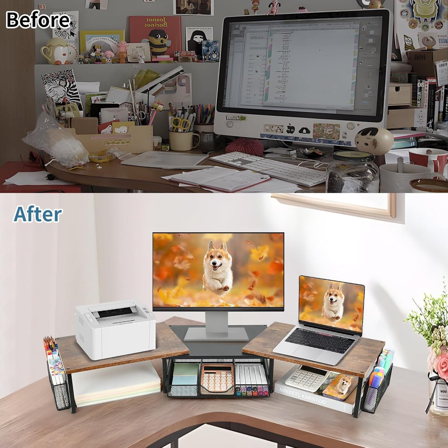 OPNICE Desk Dual Monitor Stand Riser - Desk Organizer with Drawer and Pen Holders, Office Desk Accessories & Workspace Organizers, Office Organization Computer Monitor Stand for Laptop, Printer, TV,
