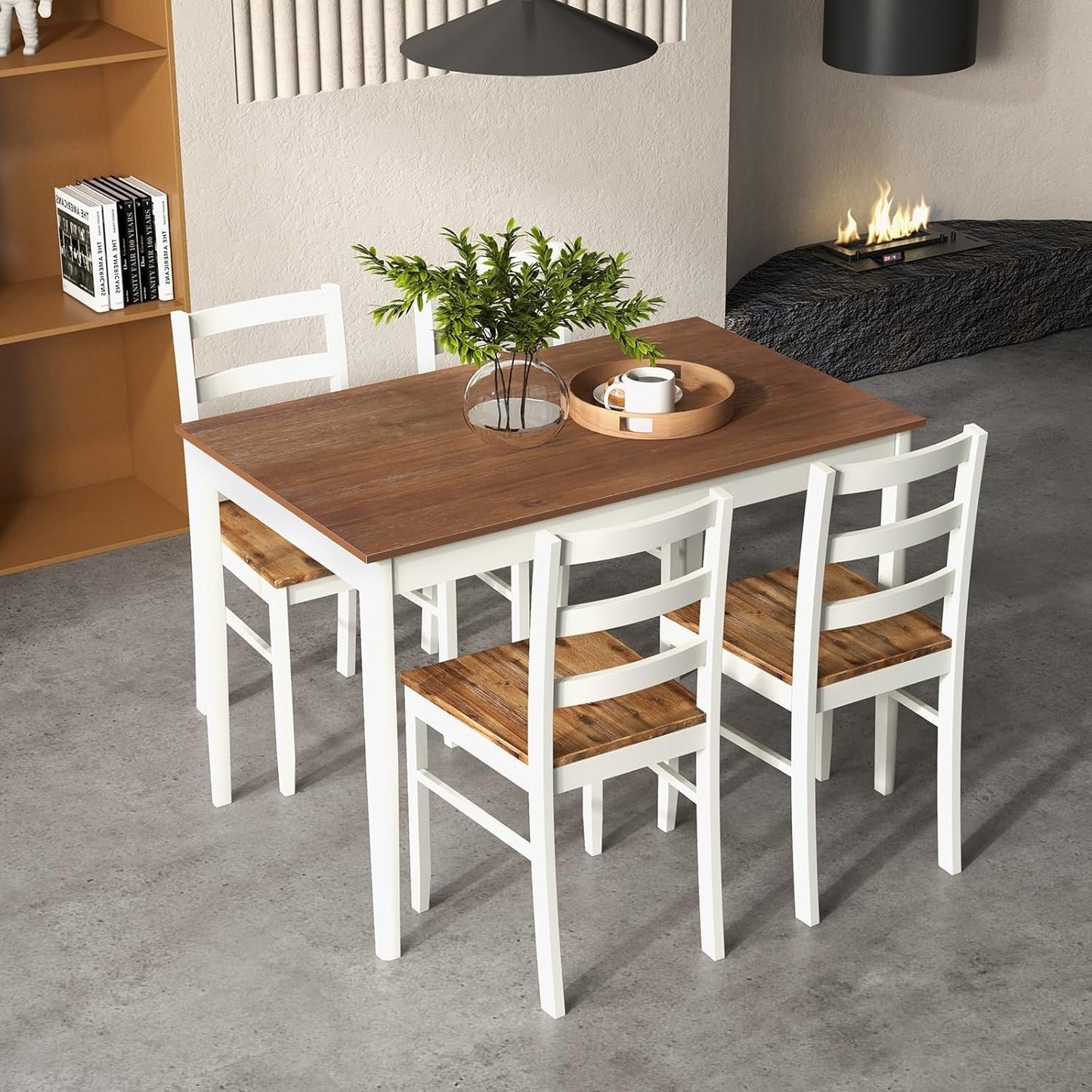 COSTWAY Dining Table Set for 4, Wood Kitchen Table Chairs Set with Rubber Wood Legs, Space-Saving Design, Modern 5-Piece Dinette Set for Small Place, Kitchen, Dining Room, Restaurant (Brown)