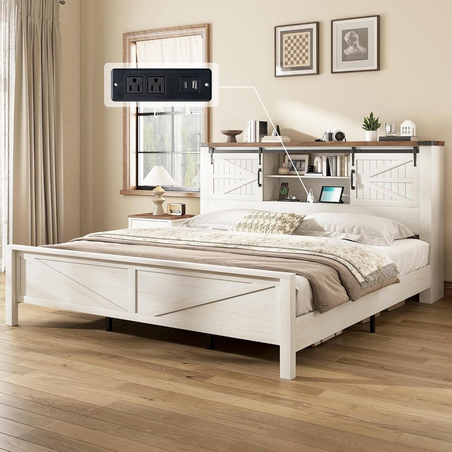 Jocisland Farmhouse Bed Frame with Sliding Barn Door Storage Headboard, Queen Size Bookcase Bed with Charging Station & Adjustable Shelf, No Box Spring Needed, Antique White