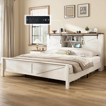 Jocisland Farmhouse Bed Frame with Sliding Barn Door Storage Headboard, Queen Size Bookcase Bed with Charging Station & Adjustable Shelf, No Box Spring Needed, Antique White