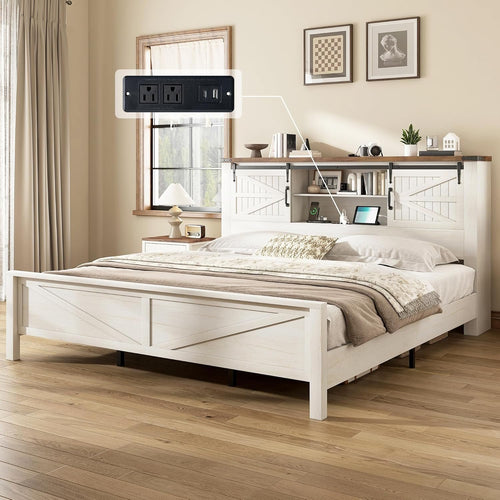 Jocisland Farmhouse Bed Frame with Sliding Barn Door Storage Headboard, Queen Size Bookcase Bed with Charging Station & Adjustable Shelf, No Box Spring Needed, Antique White
