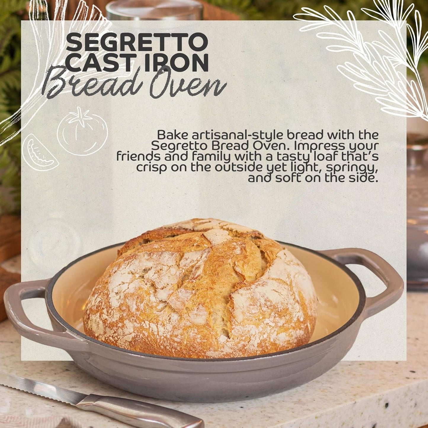Segretto Cookware Enameled Cast Iron Bread Pan with Lid, 11” Grigio Scuro (Gray) Bread Oven Cast Iron Sourdough Baking Pan, Dutch Oven for Bread