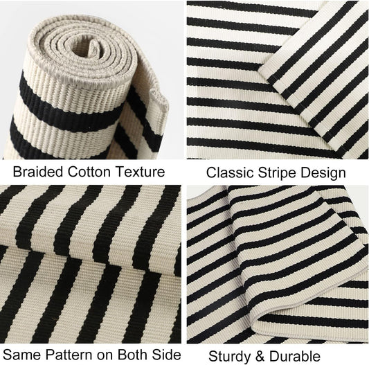 Jabykare Front Door Mat Outdoor Cotton Handwoven Farmhouse Layered Door Mat Washable Striped Porch Rug Carpet Mat for Entrance Kitchen Laundry Bedroom(Black and Beige, 90x150 cm)