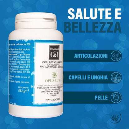 OPUS RURI Marine Collagen with Hydrolyzed Hyaluronic Acid with Vitamin C, B12, Coenzyme Q10-150 Capsules 450 mg – Food Supplement for Skin, Joints, Hair and Nails – Made in Italy