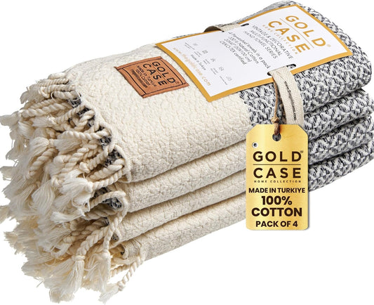 Gold CASE Turkish Hand Towels for Bathroom Set of 4 – 20 x 40'' – 100% Cotton Bathroom Towels – Aphrodite Kitchen Small Towel for Spa, Face, Tea & Dishcloth – Decorative Patterned Weave – Grey