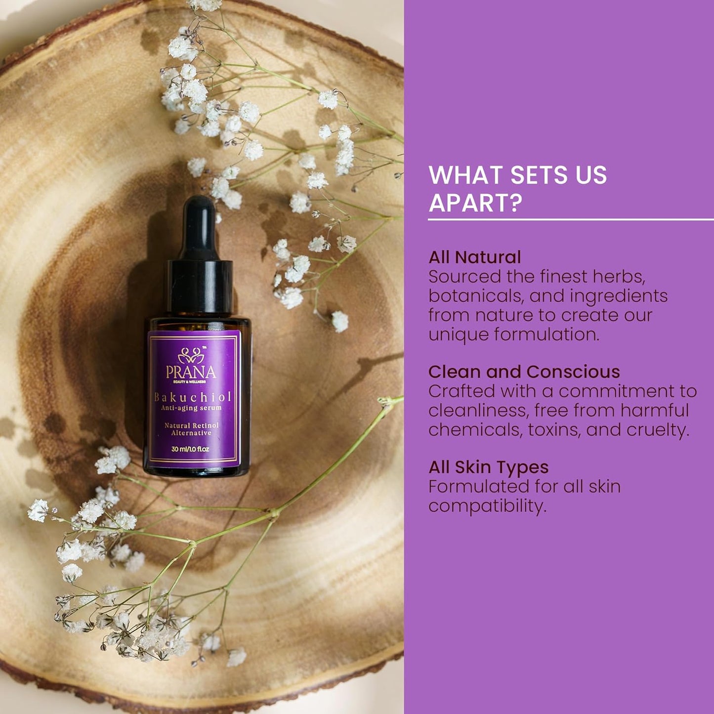 Prana Bakuchiol Anti-Aging Serum- Facial Serum with Squalane & Jojoba for Hydration- Anti-Wrinkle Serum for Radiant Skin- Face Serums for Wrinkles & Fine Lines- Fragrance-Free Serums- 100% Vegan- 30ml