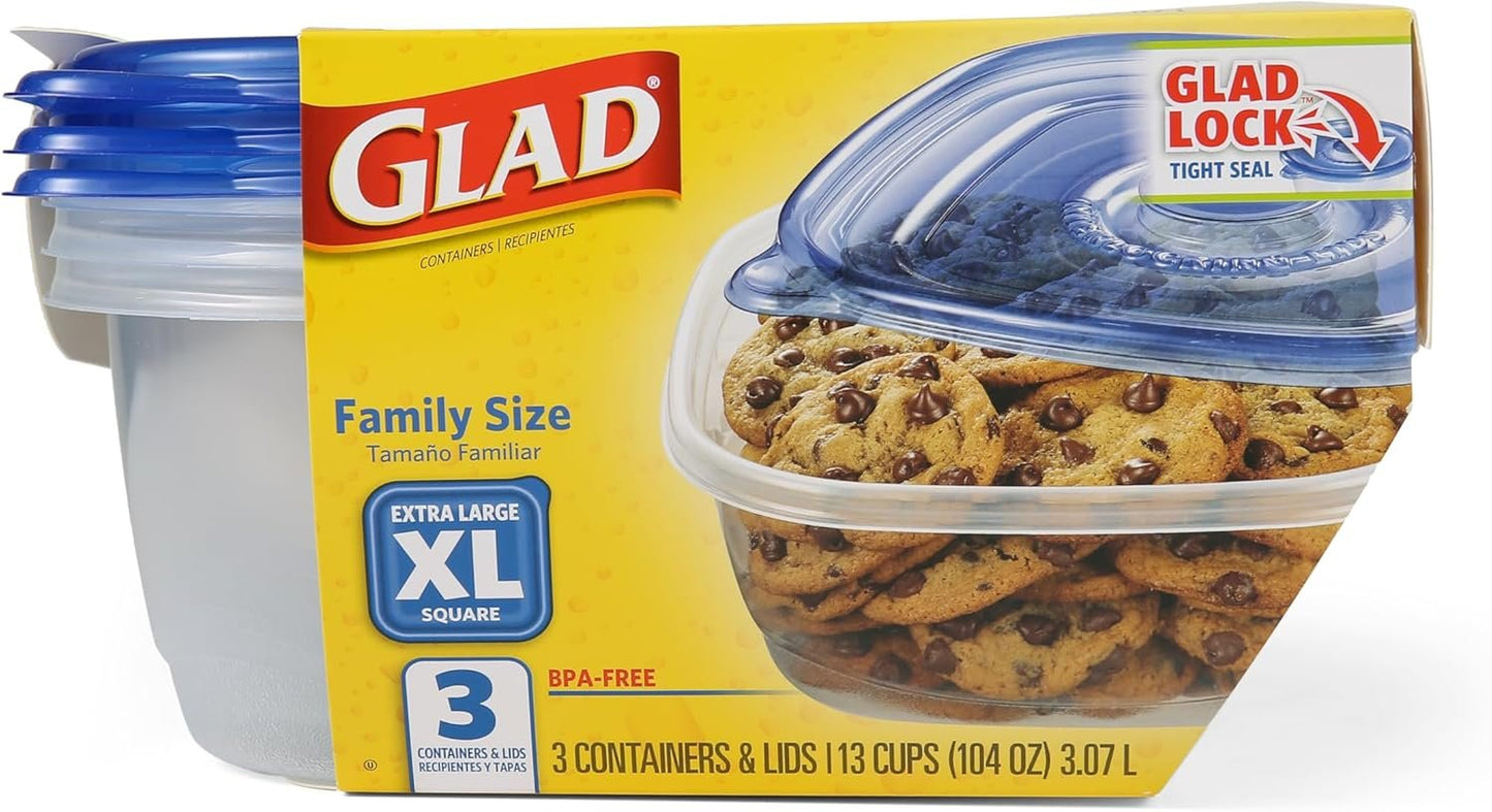GladWare Family Size Food Storage Containers, XL | Large Square Food Storage, Containers Hold up to 104 Ounces of Food, Large Set 3 Count Food Containers | Plastic Food Container