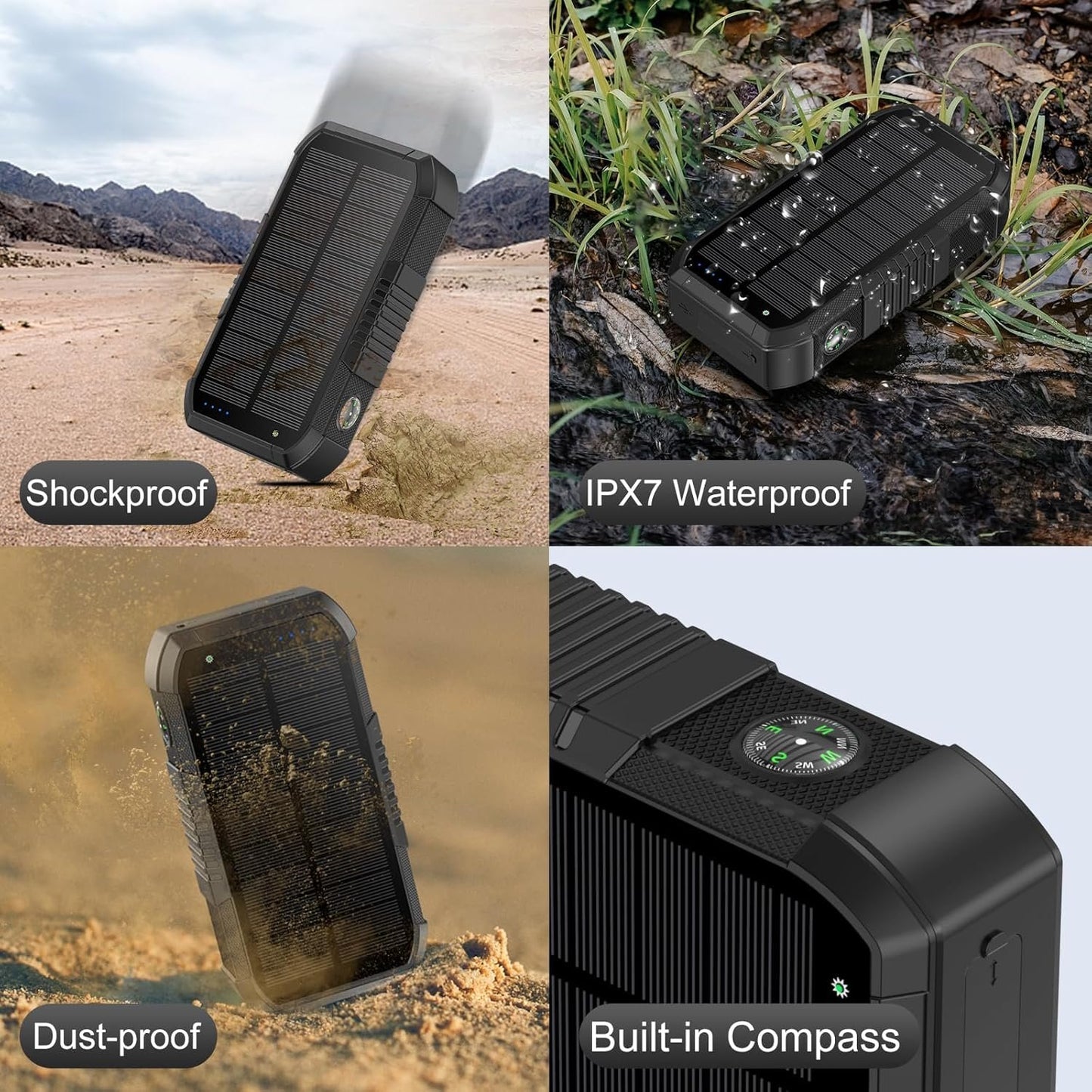 FCJZX Solar Charger Power Bank 66800mAh Built in Hand Crank and 4 Cables 22.5W Fast Charging PowerBank 6 Outputs & 4 Inputs SOS/Strobe/Strong Camping Flashlights, Compass Solar Portable Charger