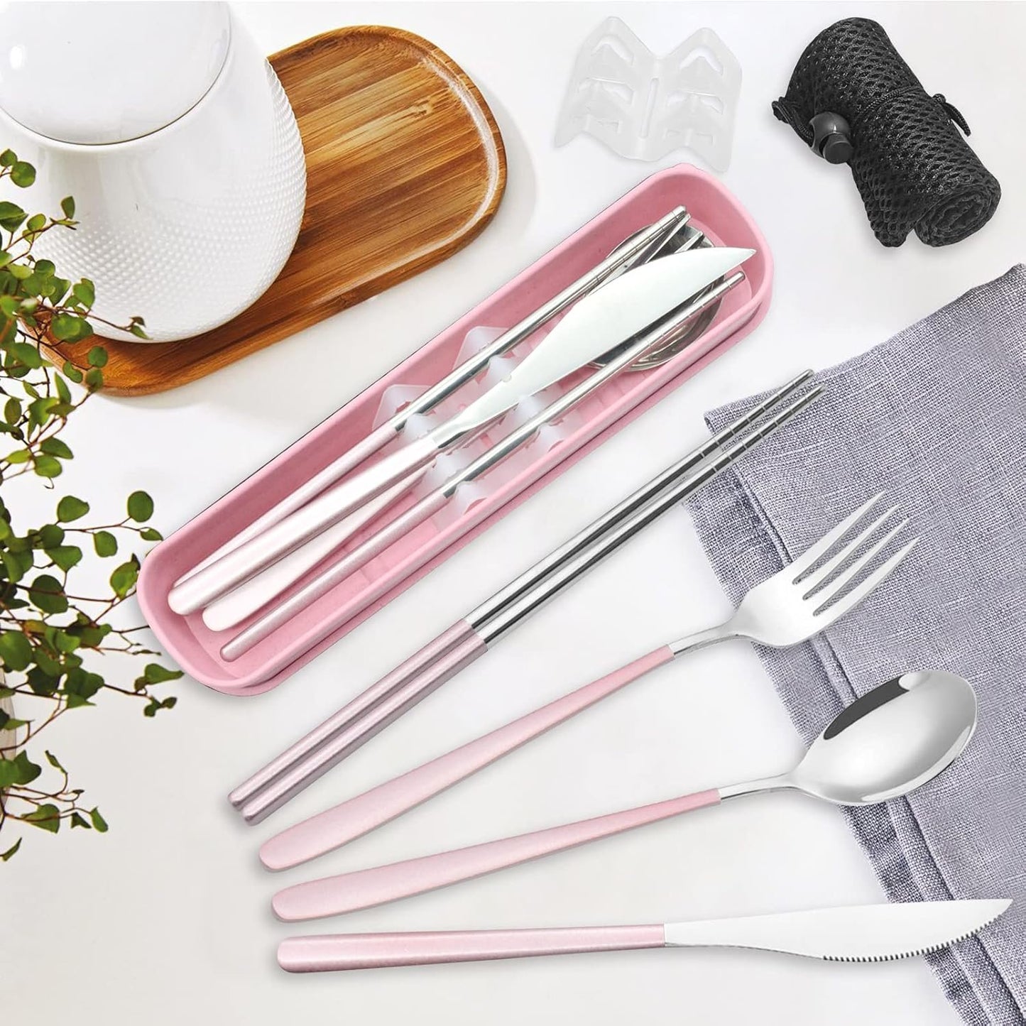 Portable Stainless Steel Cutlery Set, TWUTGAYW Travel Reusable Lunch Utensils with Case, Chopsticks Knife Spoon Fork Set, Silverware Flatware Set Pink for Office School Travel Camping Picnic Daily Use