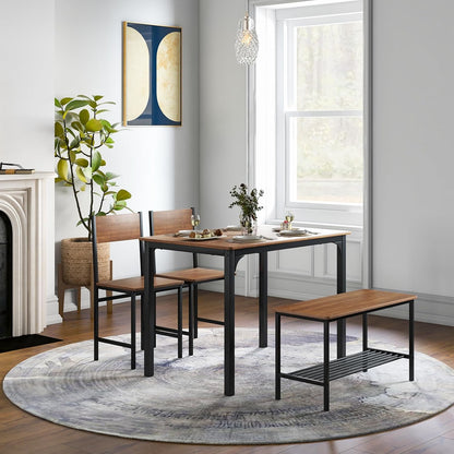 Giantex 4Pcs Dining Table Set, 1 Table & 1 Bench & 2 Chairs, Space-Saving Kitchen Set, Metal Frame & Storage Shelf, Industrial Desk Chair Set for Gathering Kitchen Dining Room Restaurant