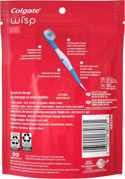 Colgate MaxFresh Wisp Disposable Mini Toothbrush, Built-in Freshening Bead, Peppermint Flavor for Instant Clean & Fresh Breath, No Water Required, Perfect for Travel & Braces, 24 Count (Pack of 4) .