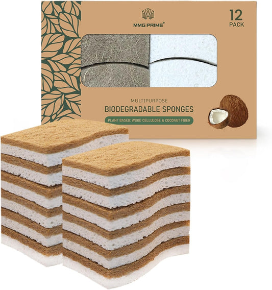 MMG Prime Natural Kitchen Sponge –12-Pack Biodegradable Sponges for Dishes –Compostable Dish Washing Scrubbers – Eco Friendly Non-Scratch Cellulose & Coconut Husk Scrubber Sponges for Cleaning