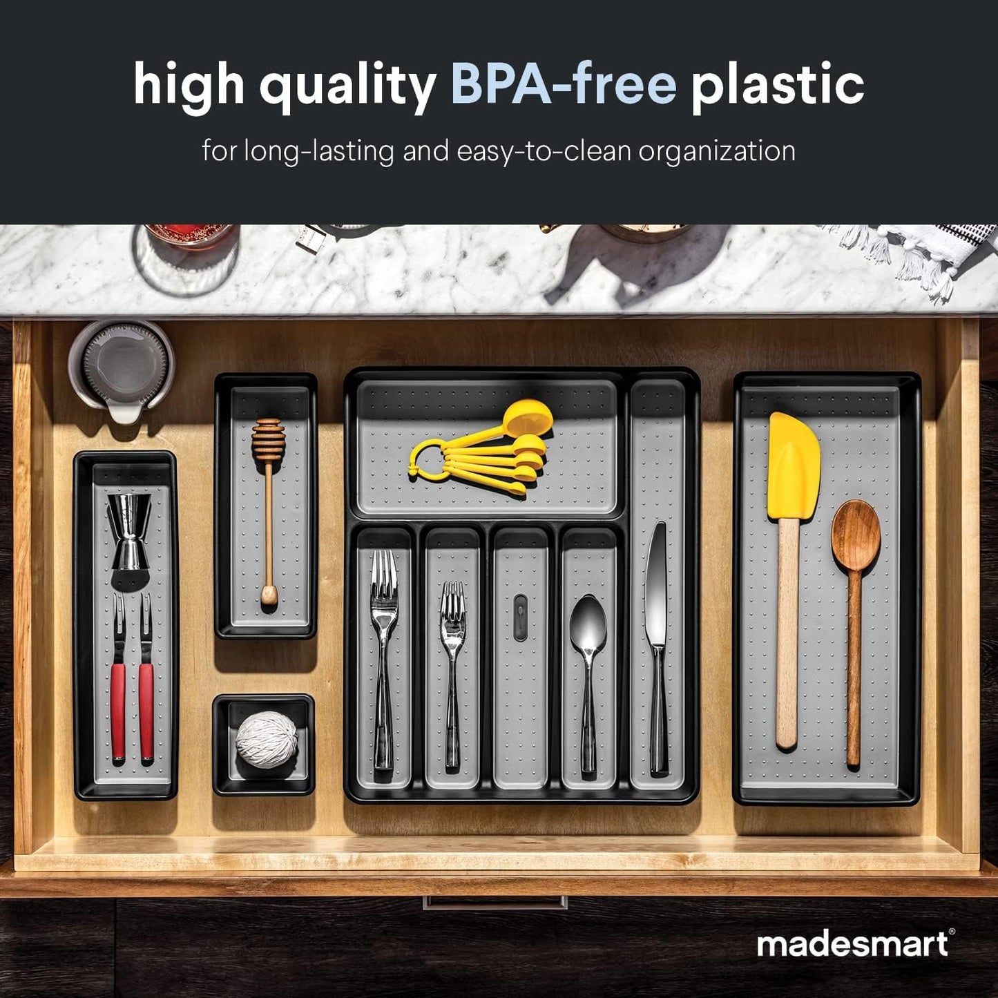 Madesmart Classic 6-Compartment Plastic Silverware Tray for Drawers, Cutlery and Utensil Tray Kitchen Drawer Organizer, Granite
