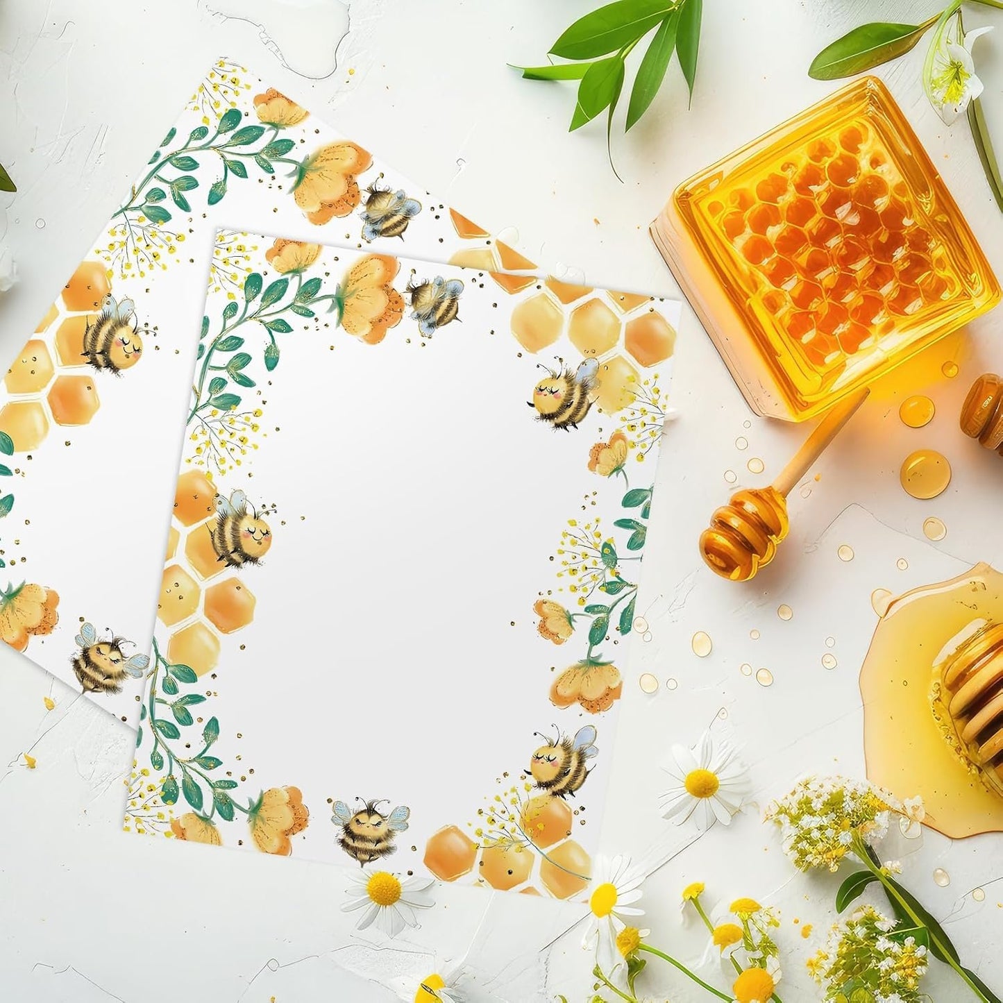 Whaline 60 Sheets Bee Stationery Letterhead Paper 8.5 x 11 Inch Double-Sided Printing Border Paper Bee Honeycomb Letter Writing Paper for Baby Shower Birthday Invitation Office Printing