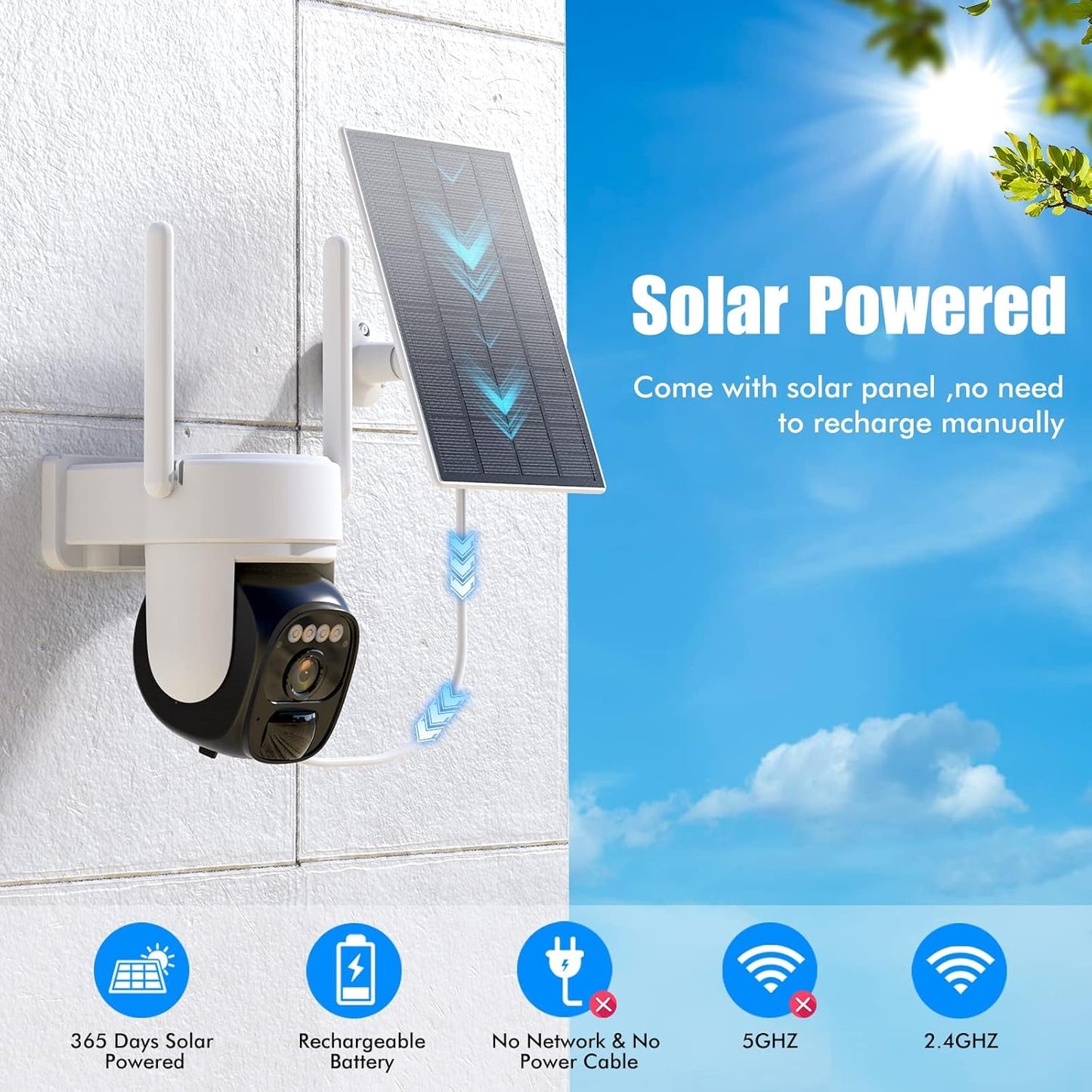 Hawkray Solar Security Cameras Wireless Outdoor ，2K 360° View Pan Tilt Low Power Consumption WiFi Security Cameras with AI Motion Detection, Two-Way Audio,Color Night Vision