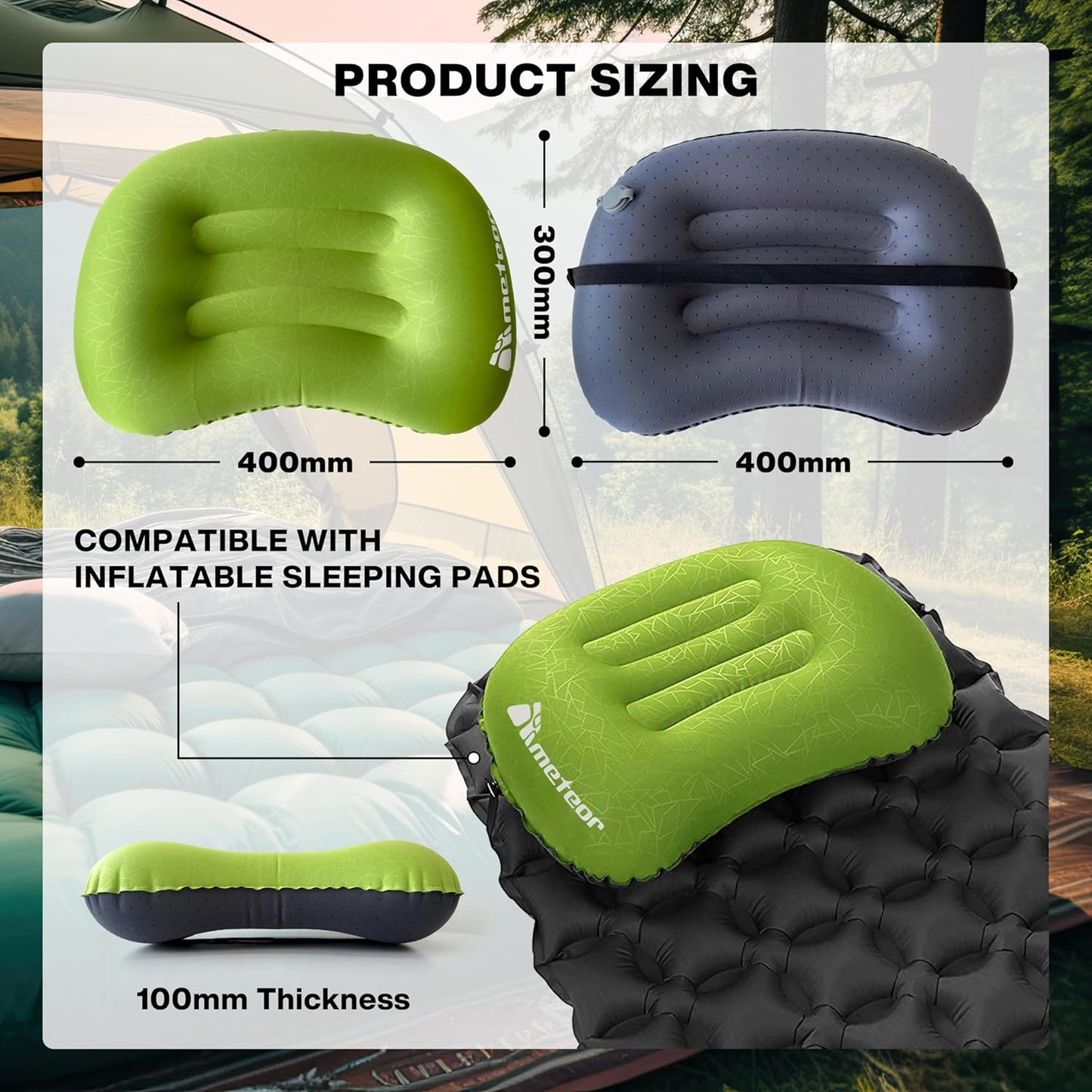 Meteor Ultralight Inflatable Camping Pillow – Compact 110g Travel Cushion for Beach, Flight, Outdoor, Lumbar, and Neck Support (Green)