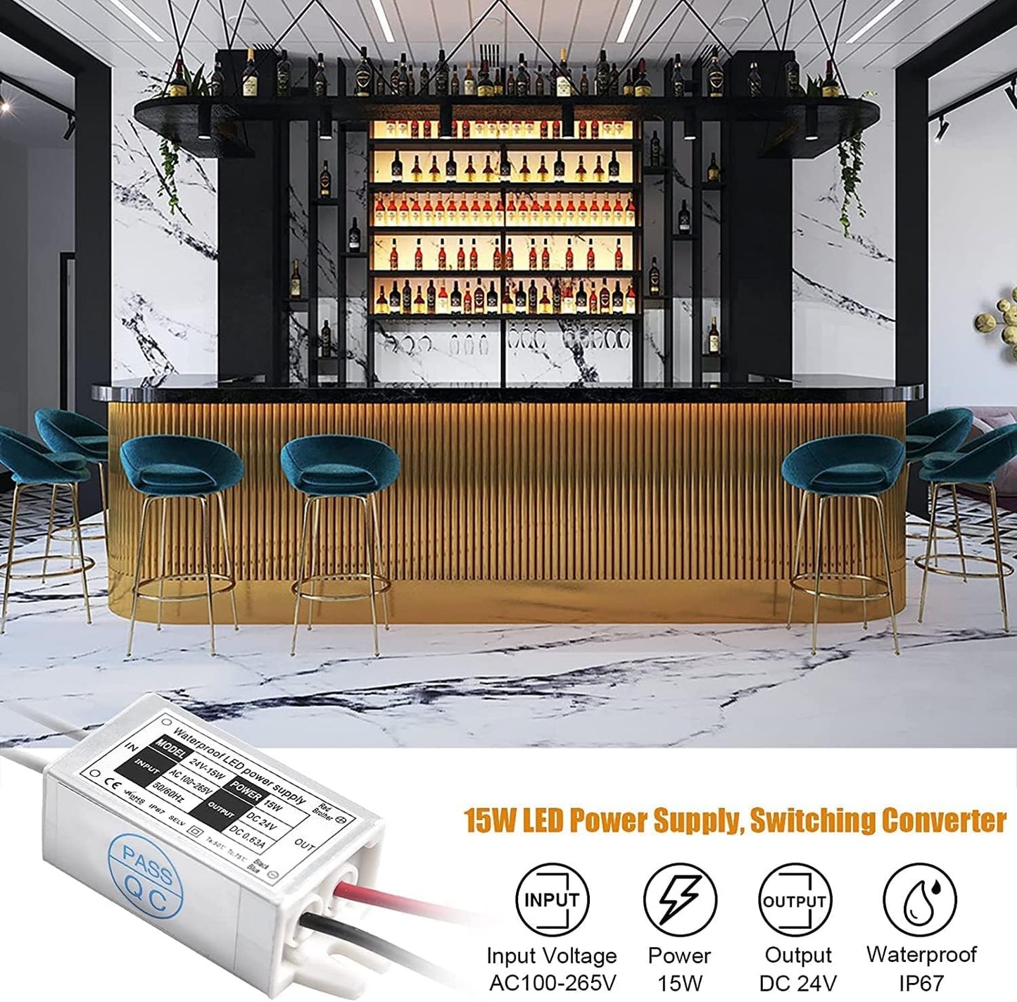 Klarlight IP67 Waterproof 15W LED Driver - 4-Pack 110V AC to 24V DC Converter for LED Strip Lights and Displays