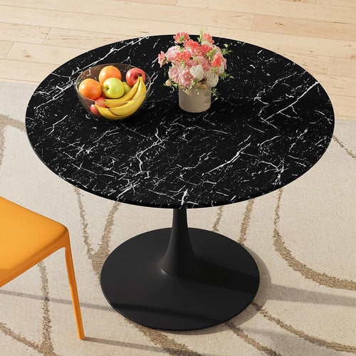 Modern Round Dining Table Tulip Table for 4-6 Persons, Wooden MDF Top Black Marble Pattern Mid-Century Leisure Table for Kitchen (Black Marble, 42")