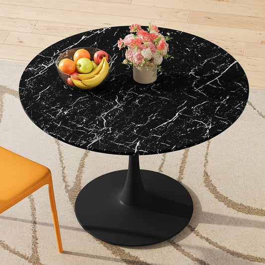 Modern Round Dining Table Tulip Table for 4-6 Persons, Wooden MDF Top Black Marble Pattern Mid-Century Leisure Table for Kitchen (Black Marble, 42")