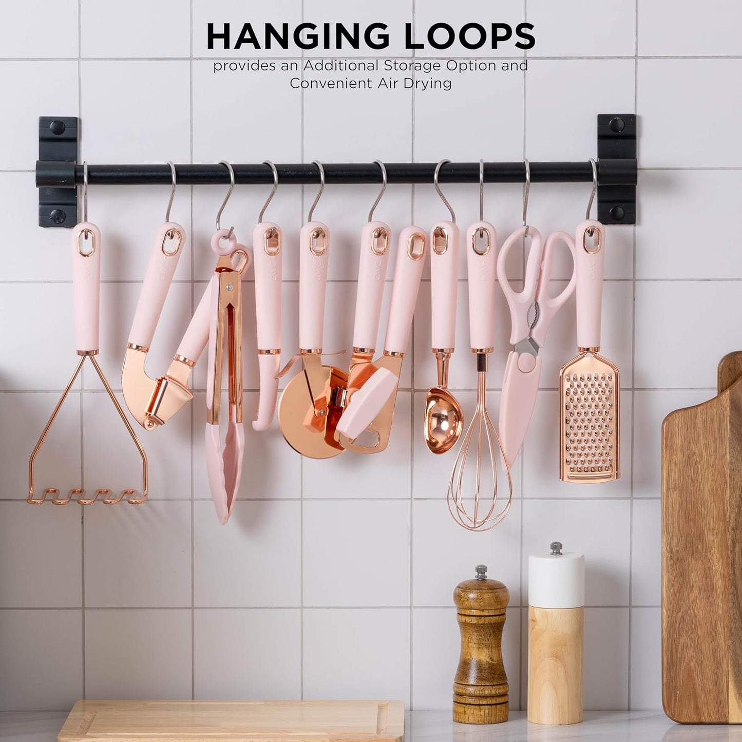 COOK WITH COLOR Kitchen Gadget Set Copper Plated Stainless Steel Utensils with Soft Touch Handles, Copper Pink, 10 Pieces