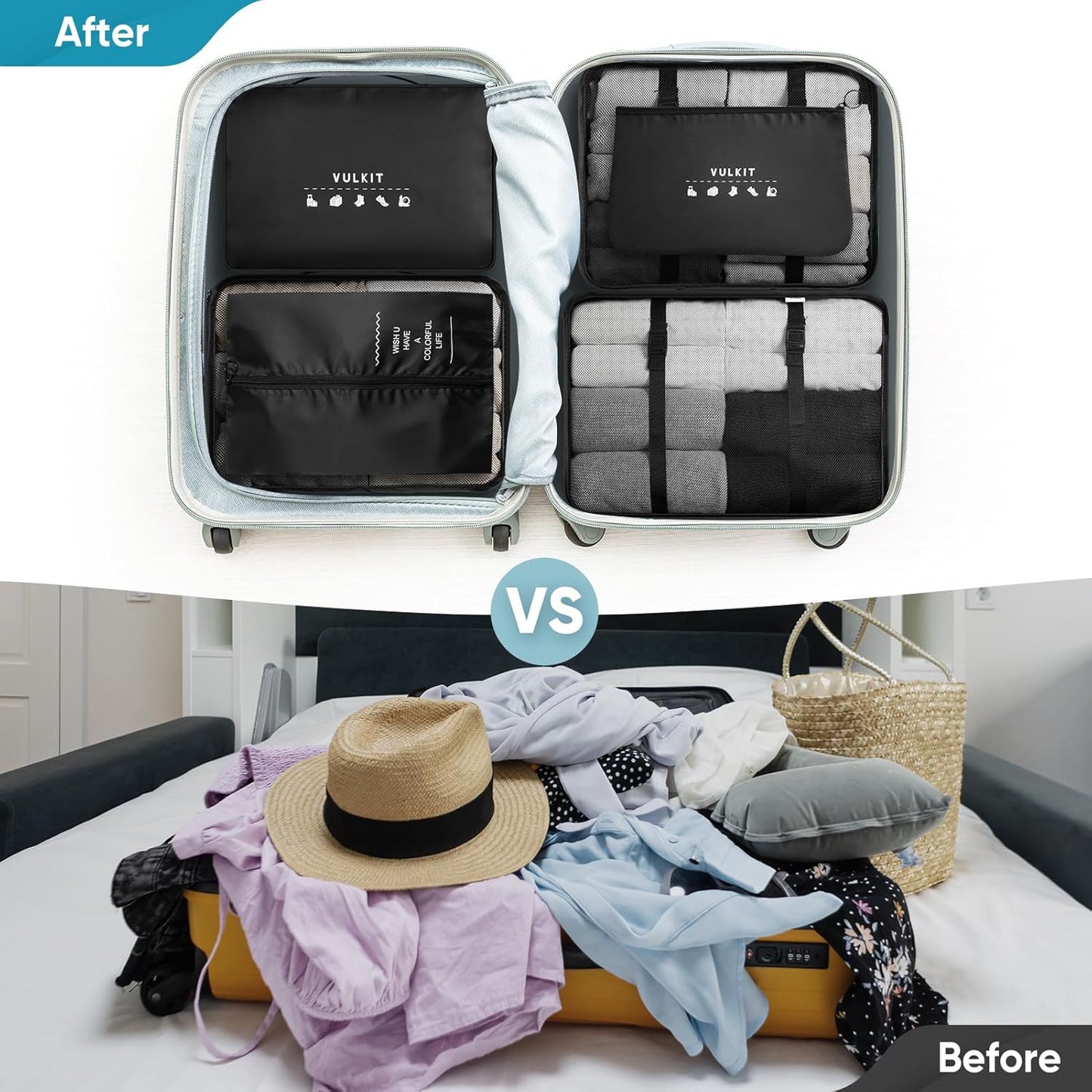 VULKIT Packing Cubes 7 Pieces Set Travel Packing Organizers for Luggage & Moving, Travel Accessories for Multi-use, Travel Essentials, Black