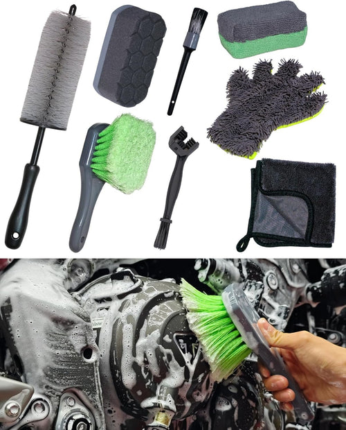 8 Pack Motorcycle Cleaning Kit - Professional Safe for Chrome/Engine/Tires, Hard Reach Brush, Microfiber Mitt, Detailing Tools, Drying Towel & Wax Applicators