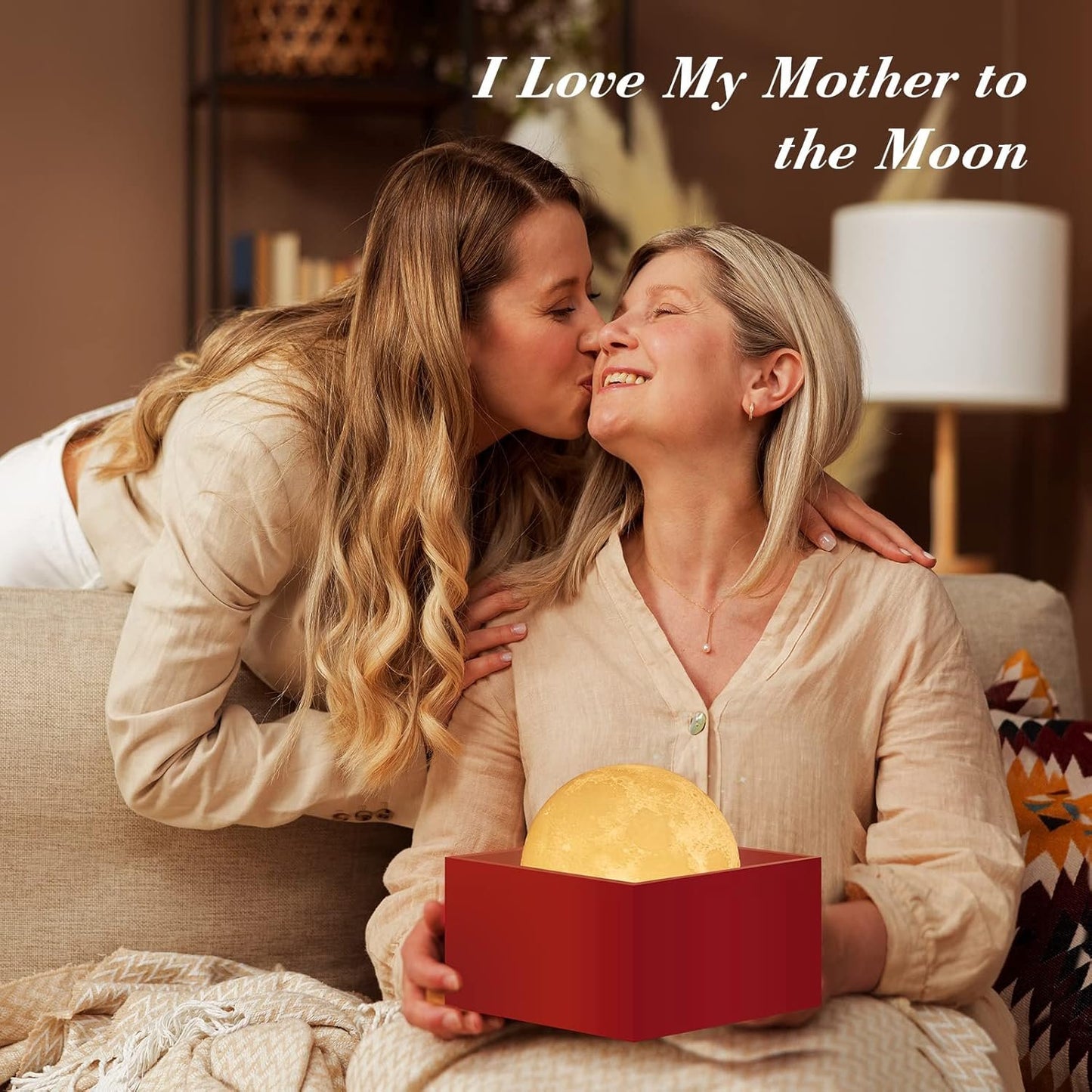 Mydethun Moon Lamp - Mothers Day Home Décor, Night Light, Moon Light with Brightness Control, LED Night Light, Bedroom, Women Kids Birthday Gift, Wooden Base, 5.9", White & Yellow