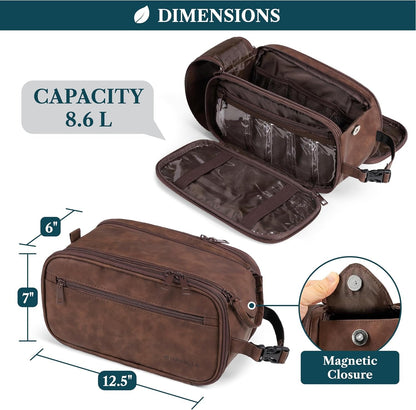 PAVILIA Toiletry Bag for Men Women, Mens Travel Bag Toiletries Organizer Case for Grooming, Travel Essentials Shaving Dopp Kit, PU Leather Water Resistant Cosmetic Pouch, Black, Dark Brown, Extra