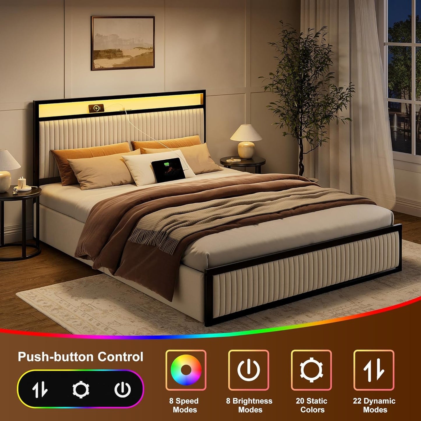 ROLETALENT Full Bed Frame with Headboard and 2 Storage Drawers, Upholstered Bed Frame Full Size with Charging Station & LED,Velvet Platform Bed Frame, Metal Support,No Box Spring Needed,Beige