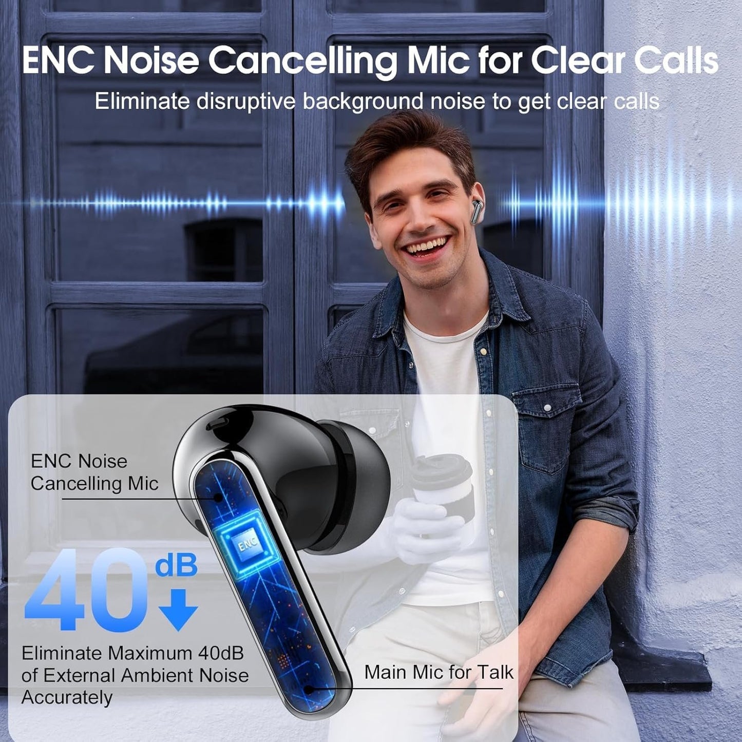 Wireless Earbuds, Bluetooth 5.3 Headphones Stereo Bass Ear Buds, Bluetooth Earbuds with 4 ENC Noise Cancelling Mic, 40Hrs in Ear Headphones with Dual LED Display, IP7 Waterproof Earphones for Sports