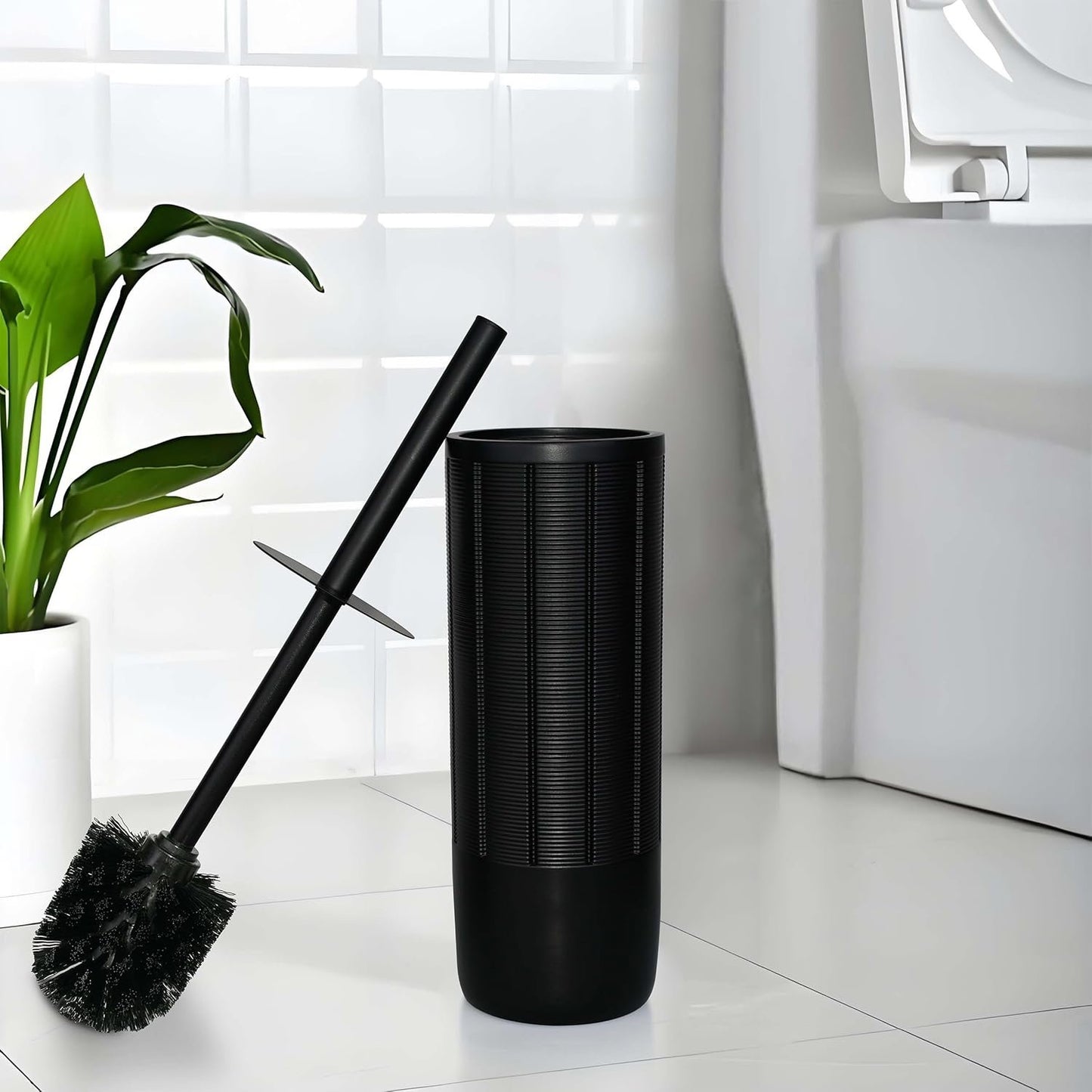 Indecor Home Matte Black Ribbed Design Resin Toilet Bowl Holder and Brush Set, Durable Bathroom Cleaning Tool with Ergonomic Handle and Efficient Bristles, Stylish and Compact Design