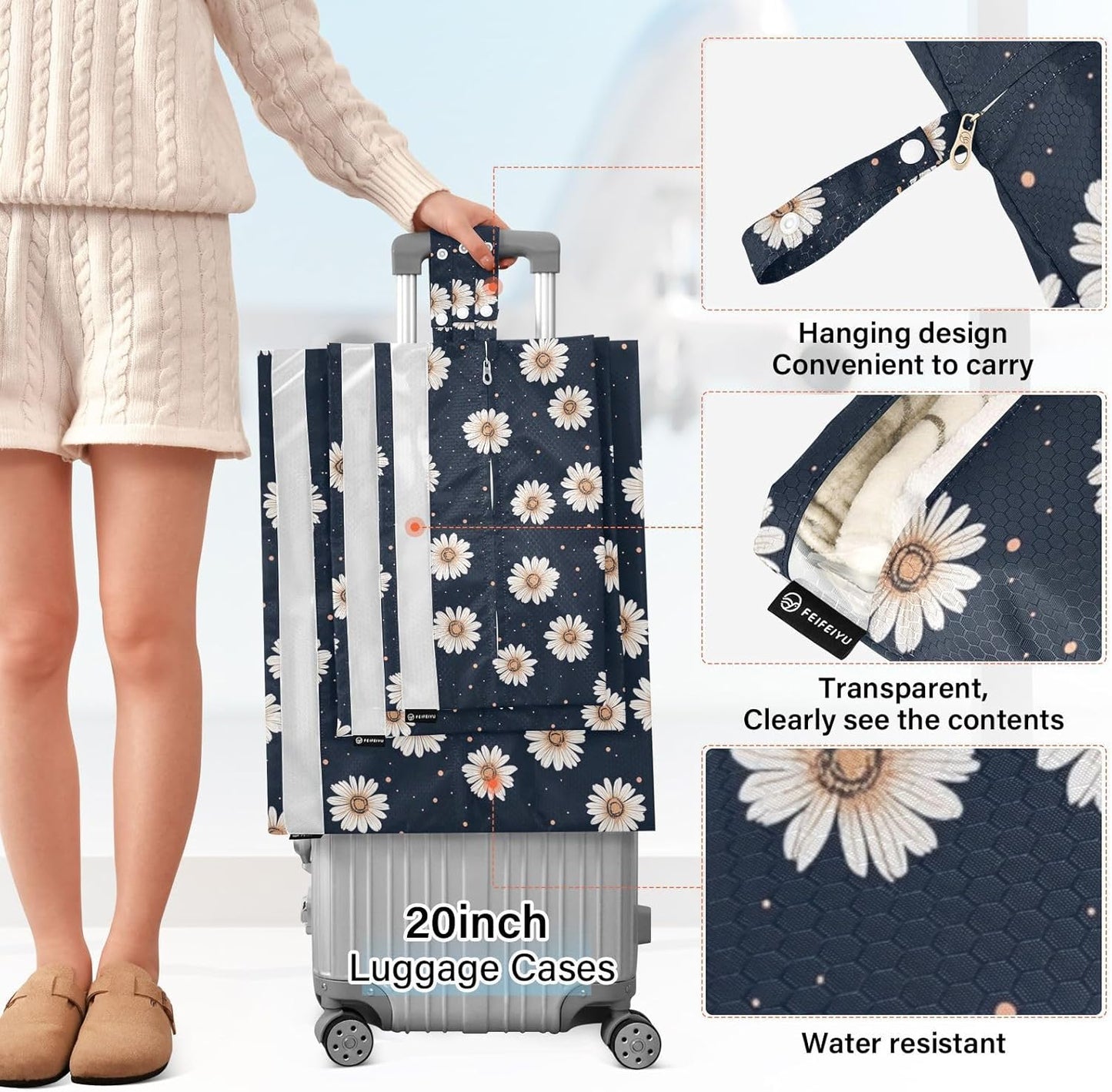 Black and White Daisies 3 Set Packing Travel Bags Portable Closet Storage Bag Compression Bags Office Storage & Organization