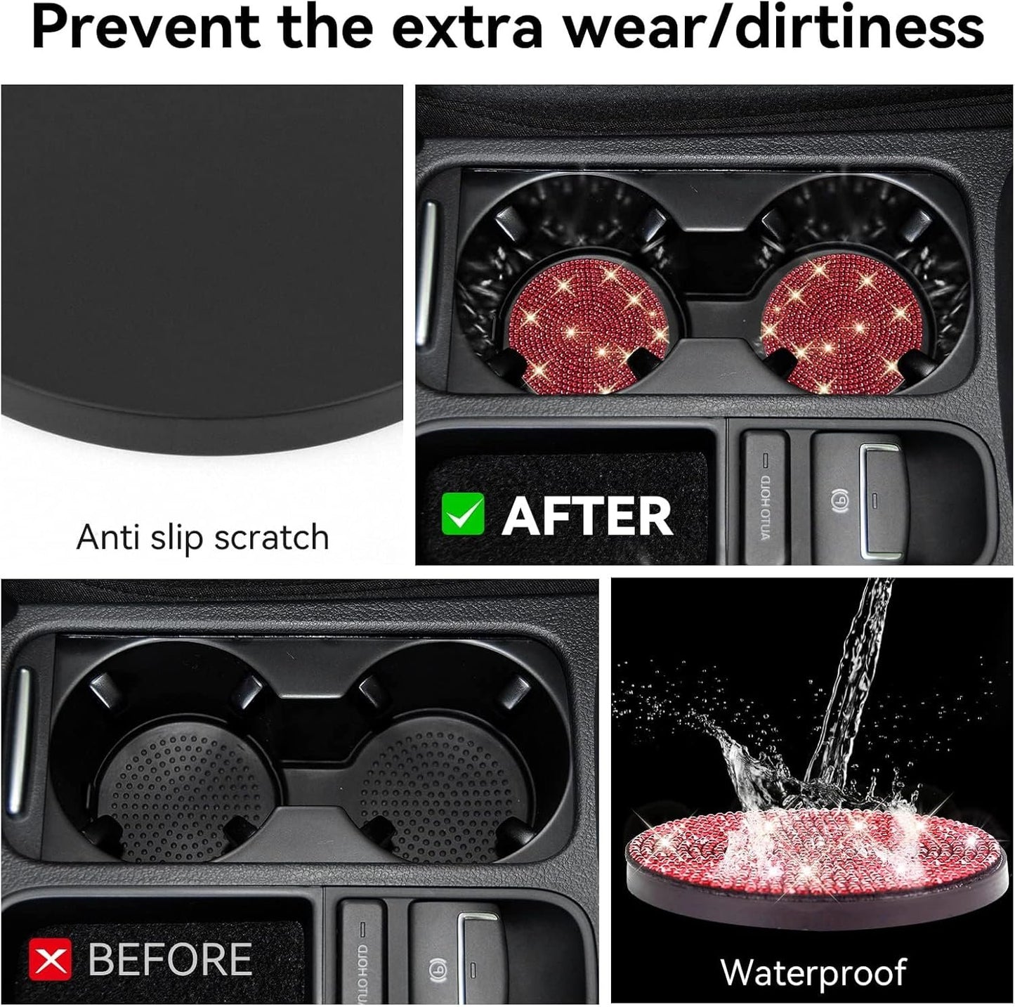Bling Cup Holder Coasters for Car, 4PCS Universal Non-Slip Cup Holder, Embedded Decorative Coasters, Shiny Crystal Car Interior Accessories Gifts for Women (Red)