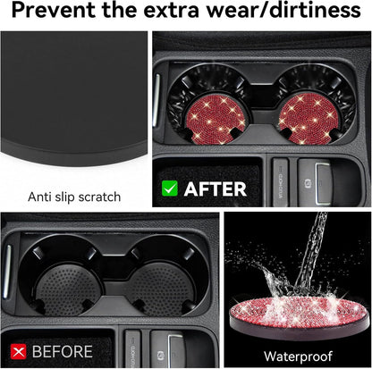 Bling Cup Holder Coasters for Car, 4PCS Universal Non-Slip Cup Holder, Embedded Decorative Coasters, Shiny Crystal Car Interior Accessories Gifts for Women (Red)