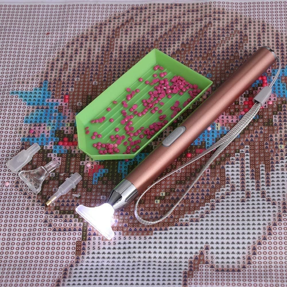 LED Diamond Painting Drill Pen, Upgrade USB Rechargeable Lighting Point Drill Pen, 4 Pen Heads, Storage Bag, Painting Accessories Kits Cross Stitch Tools for DIY Craft (Rose Golden)