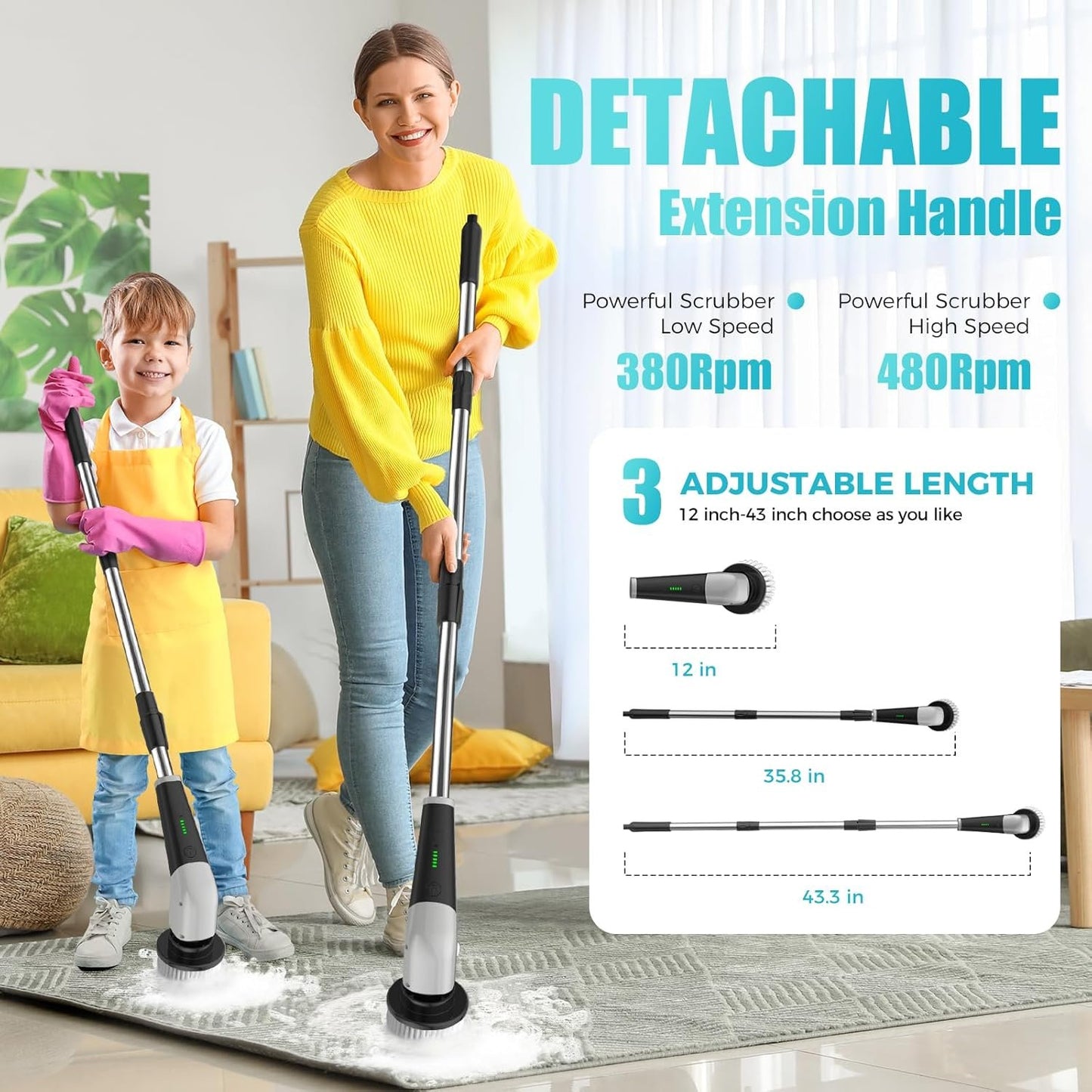 YKYI Electric Spin Scrubber,Bathroom Cleaning Brush, Electric Cleaning Brush with 8 Replaceable Brush Heads,2-Speed Shower Cleaner Brush with Long Handle for Bathroom, Tub, Kitchen, Window