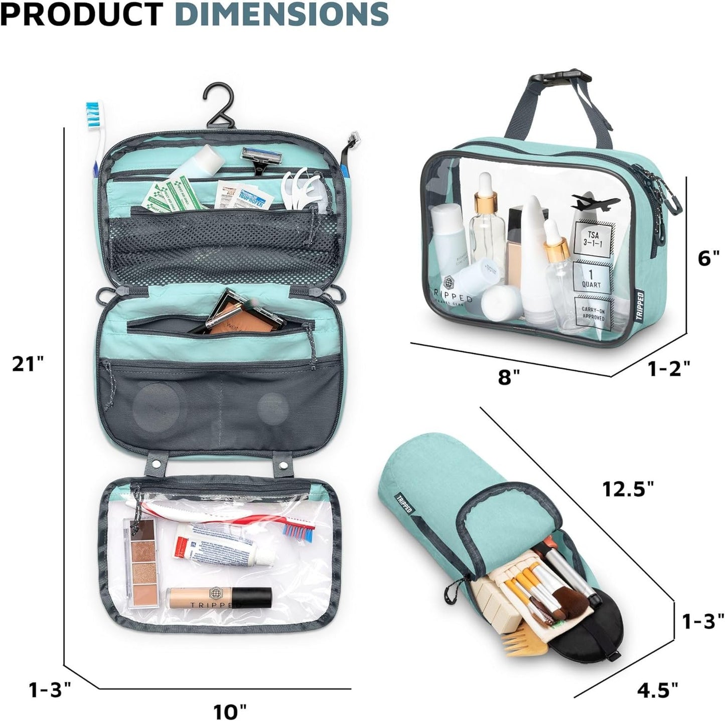 Toiletry Bag Kit Set: Hanging Travel Toiletry Bag + 311 TSA Cosmetic Liquid Bag + Ultralight Accessory Organizer Pouch, Turquoise, 3 Piece Toiletry Set