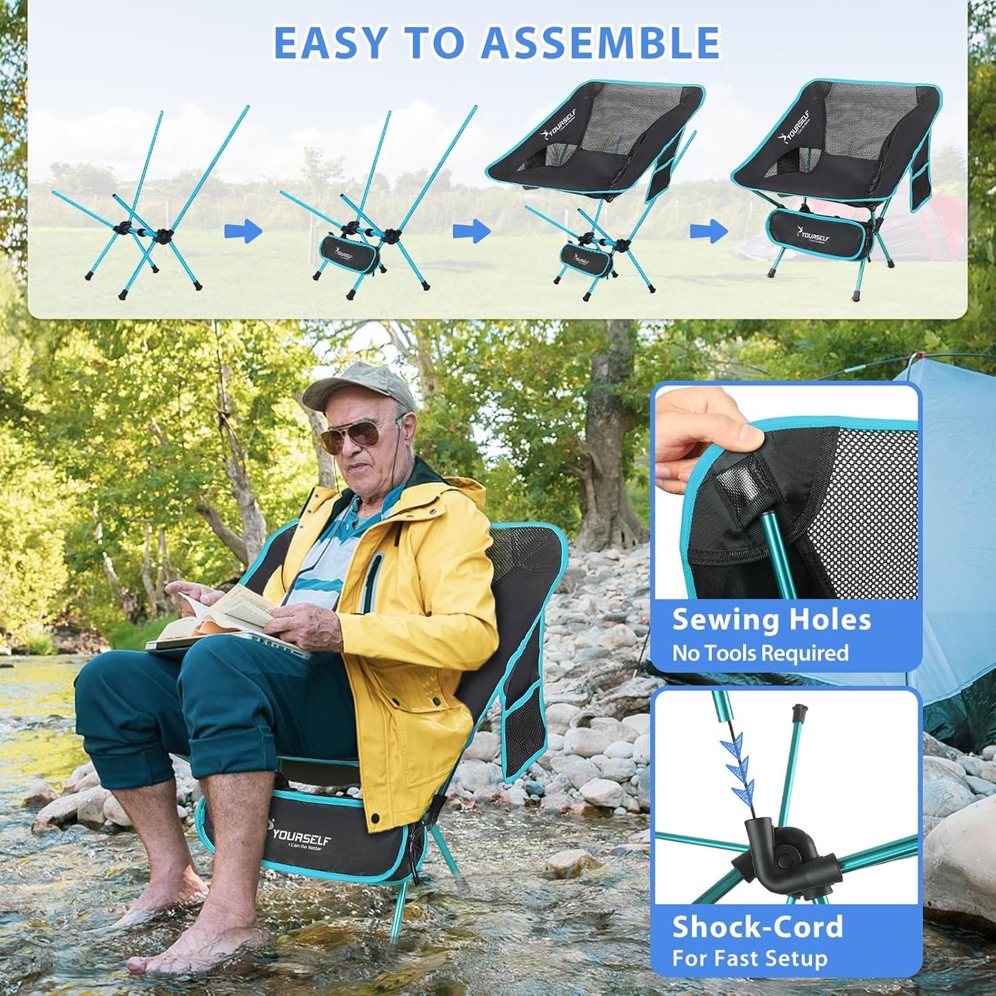 SYOURSELF Camping Chairs, Folding Camping Chair, Folding Chairs Outdoor, Lawn Chairs, Beach Chair, Portable Camping Chair Ultralight Lightweight Comfy Camp Chairs for Adults (Ablue)