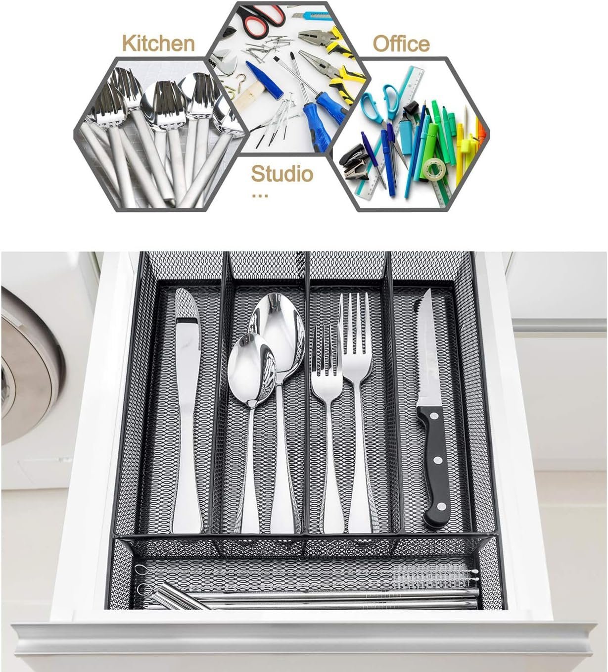HaWare Utensil Drawer Organizer, Mesh Wire Silverware Organizer Divider for Kitchen, Stainless Steel Cutlery Flatware Storage Tray with Non-Slip Foam Feet, 5 Compartment, 12.5 x 9.2Inch, Black