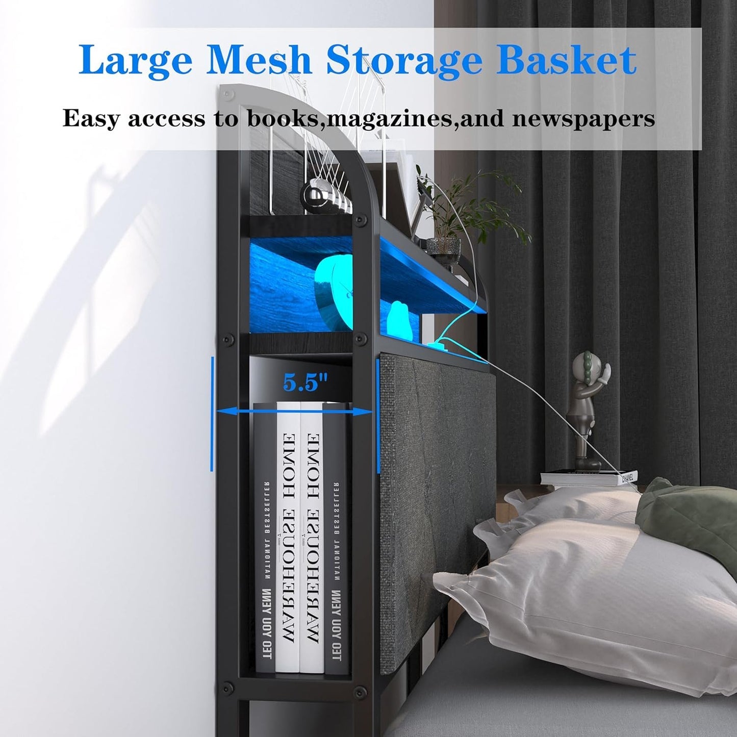 Bed Frame with Charging Station and LED Lights King Size,Upholstered Headboard with Storage Shelves(Dark Grey) Noise Free，Easy Assembly，No Box Spring Needed，Sturdy，Black+Rustic+ Brown