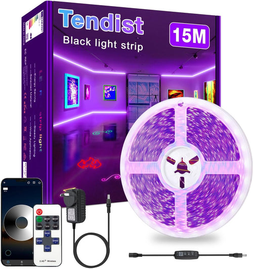 TENDIST 15M Black Light Strip, Bluetooth Purple LED Strips Lights with RF Remote Control and Smart App, 24V UV Blacklight Glow in The Dark Lights for Poster, Bedroom, Party Lighting