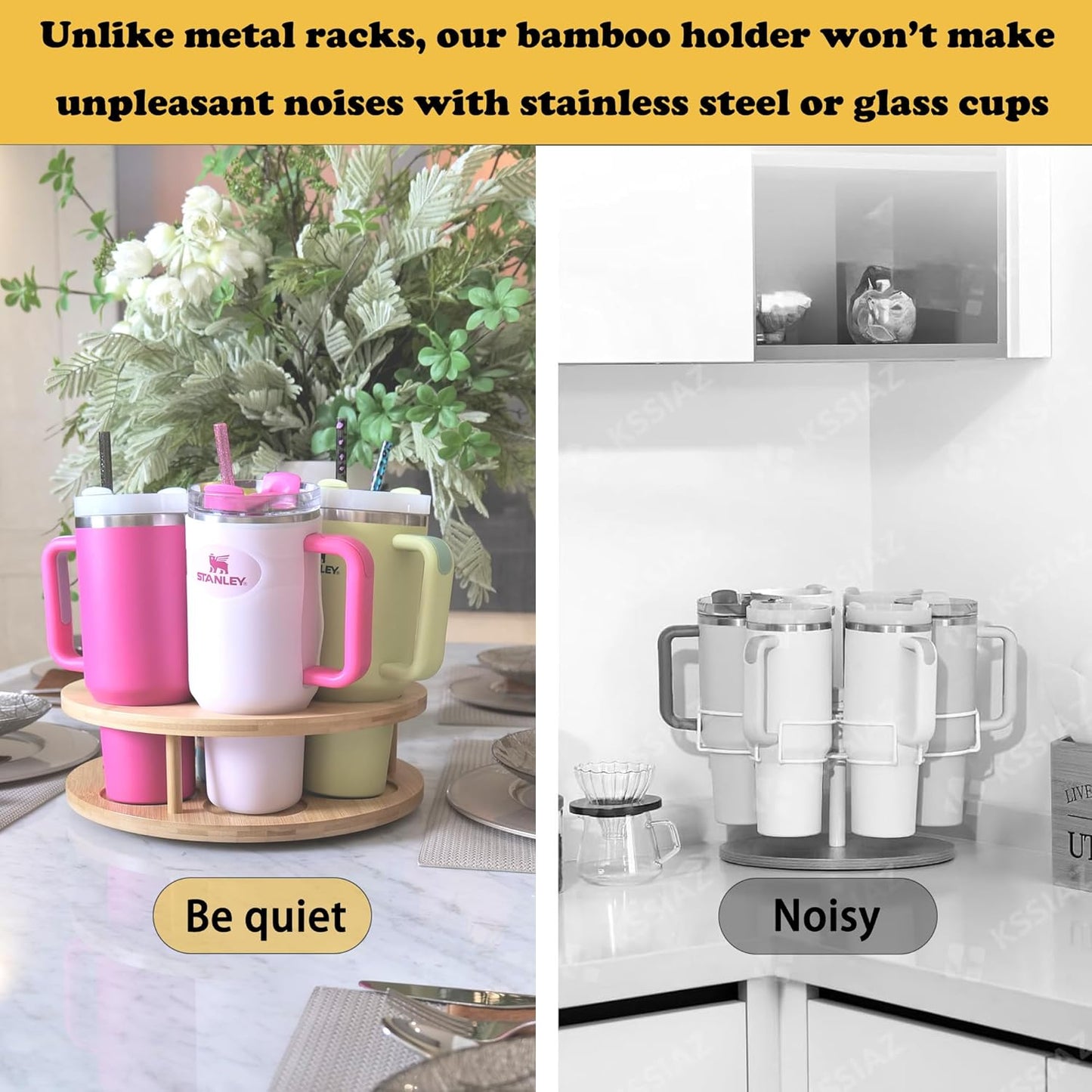 7 Slots Water Bottle Organizer for Stanley Tumbler, Rotatable Stanley Cup Organizer Holder for Kitchen Cabinets, Bamboo Wood Water Bottle Storage Rack for Stanley Cup Accessories