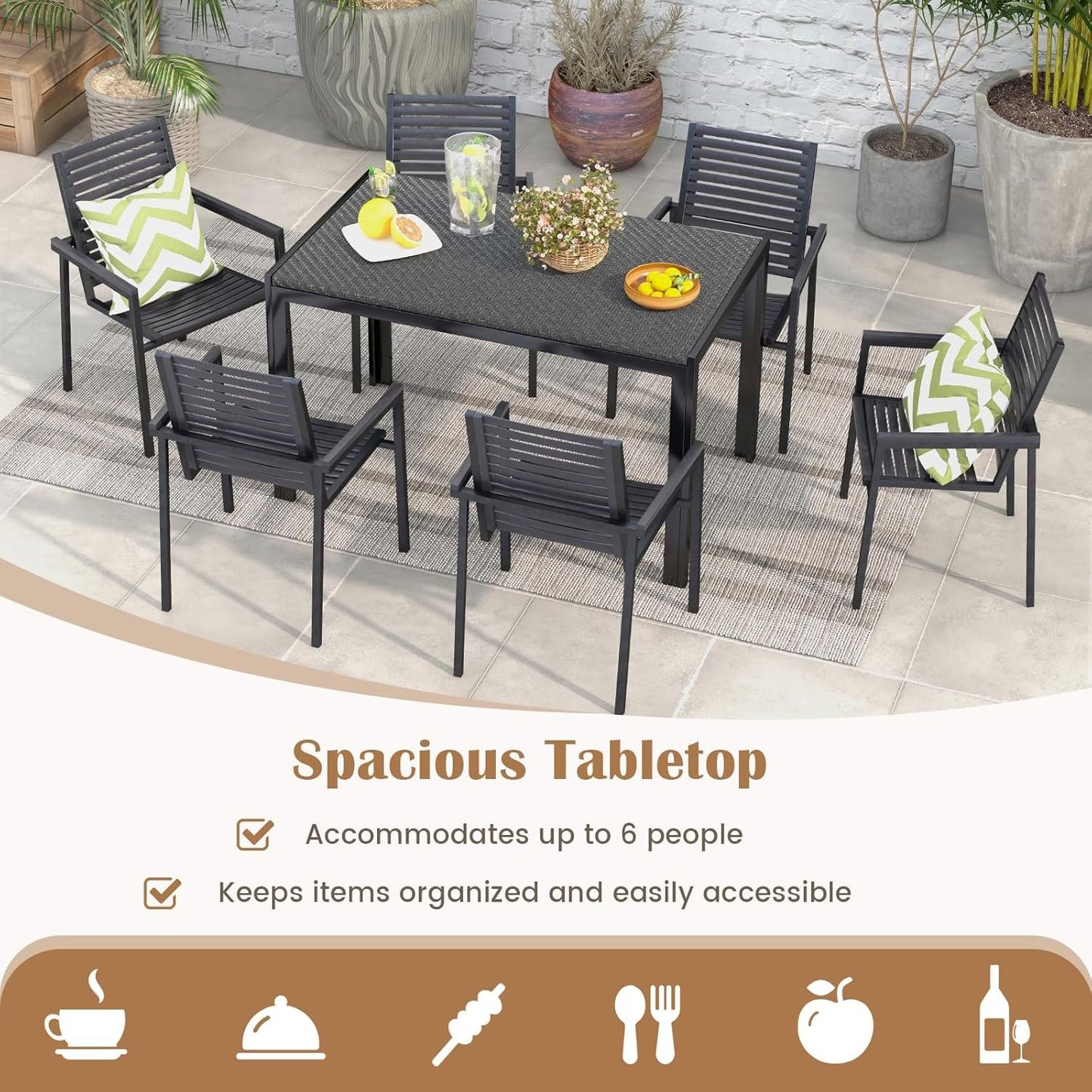 Tangkula Patio Wicker Dining Table for 6, 48 Inch Rectangular Table with Rattan Tabletop & Heavy-Duty Metal Frame, Outdoor Dining Table for Front Porch, Backyard