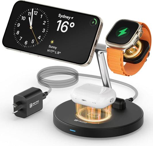 HEYMIX 3-in-1 Magsafe Wireless Charger, Fast Wireless Phone Charging Dock Compatible with Apple, Magnetic Wireless Charging Stand Compatible with iPhone 15/14/13/12, iWatch 8/7/SE/6/5, AirPods Pro